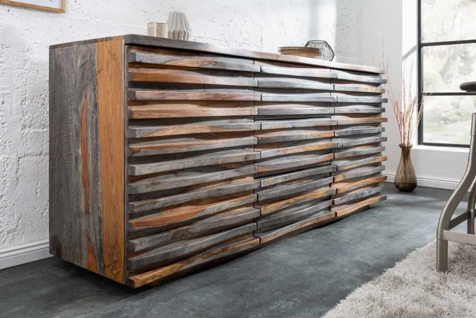 Massivholz Sideboard RELIEF 160cm Sheesham grau smoke finish Kommode mit Schubladen