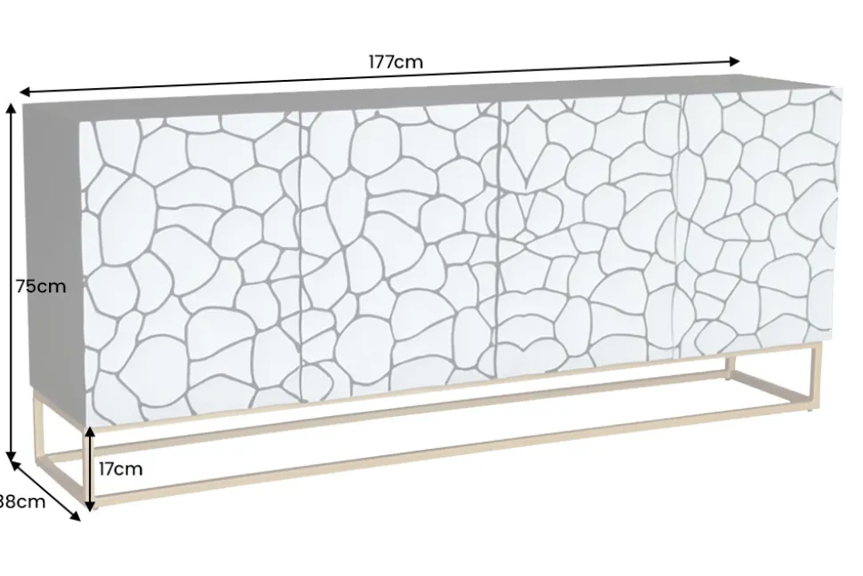 Massivholz Sideboard VULCANO 180cm weiß schwarz Mangoholz mit 3D Schnitzereien handmade Metallgestell gold