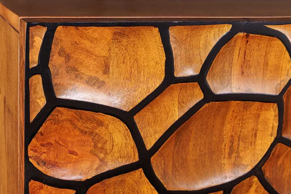 Massivholz Sideboard VULCANO 180cm braun Mangoholz mit 3D Schnitzereien handmade Metallgestell schwarz