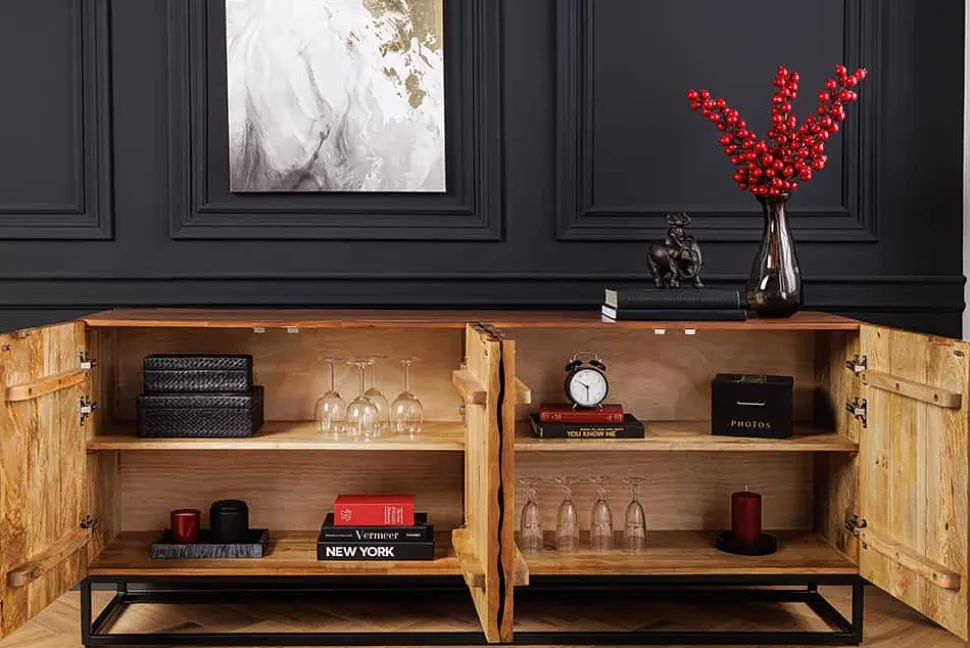 Massivholz Sideboard VULCANO 180cm braun Mangoholz mit 3D Schnitzereien handmade Metallgestell schwarz
