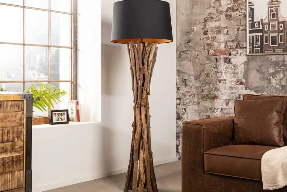Massivholz Stehlampe HARMONY NATURE 151cm schwarz Teak mit Baumwollschirm