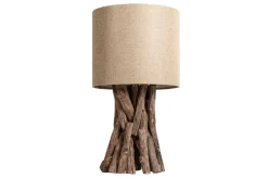 Massivholz Tischlampe HARMONY NATURE 50cm beige Teak mit Leinenschirm