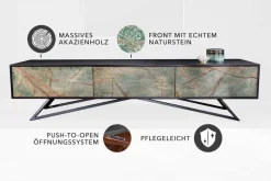 Massivholz TV Lowboard MOUNTAIN SOUL 200cm echter Naturstein Akazie schwarz hängend / stehend