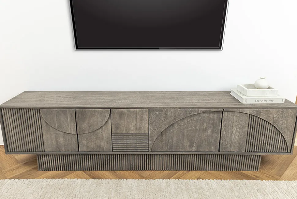 Massivholz TV-Lowboard ART DECO 200cm grau smoked Mangoholz 3D-Front