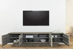 Massivholz TV-Lowboard ART DECO 200cm grau smoked Mangoholz 3D-Front