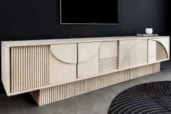 Massivholz TV-Lowboard ART DECO 200cm weiß gekälkt Mangoholz 3D-Front