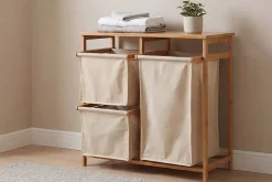 Massivholz Wäschekorb LAGOON SPA 70cm natur beige Bambus drei Wäschebeutel waschbar