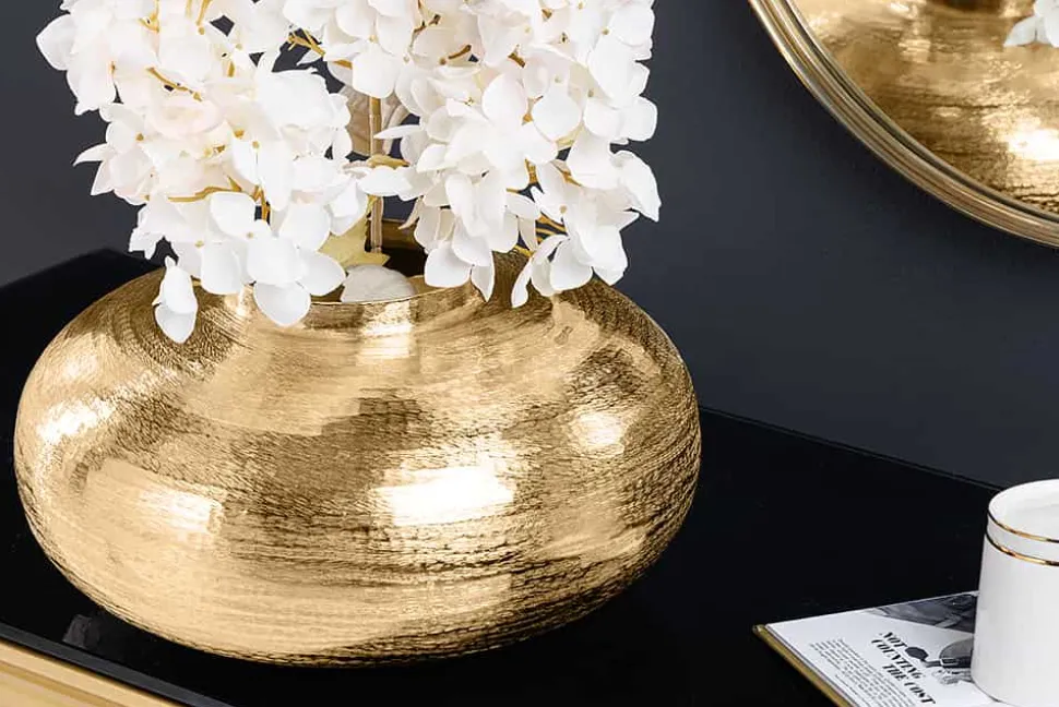 Moderne Deko Vase ABSTRACT ORIENT 35cm gold rund Metall Hammerschlag-Design