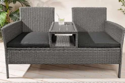 Moderne Gartenbank PORTOFINO 140cm grau Polyrattan Outdoor Sitzbank mit Tisch wetterfest