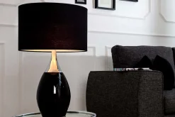 Moderne Tischlampe CARLA 60cm schwarz silber mit Leinenschirm