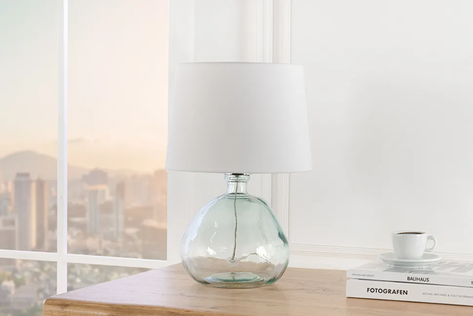 Moderne Tischlampe CLASSIC 45cm transparent recyceltes Glas weiß Stoffschirm