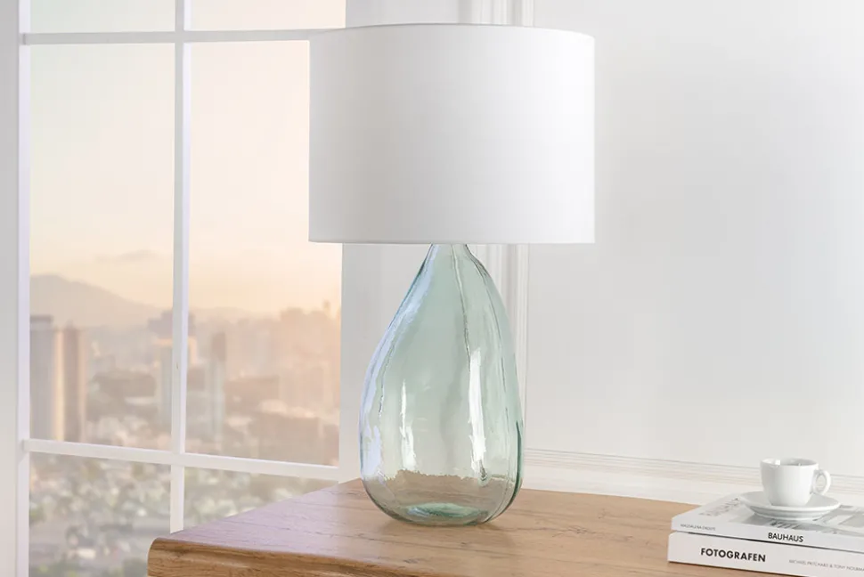 Moderne Tischlampe CLASSIC 60cm transparent recyceltes Glas weiß Stoffschirm