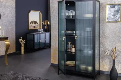 Moderne Vitrine AMSTERDAM 160cm schwarz gold Riffelglas Metall Highboard Schrank