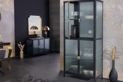 Moderne Vitrine AMSTERDAM 180cm schwarz gold Riffelglas Metall Highboard Schrank