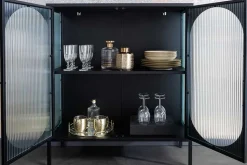 Moderne Vitrine PARIS 110cm schwarz gold Riffelglas Metall Sideboard Schrank