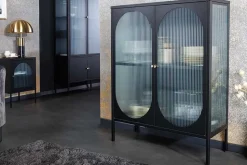 Moderne Vitrine PARIS 110cm schwarz gold Riffelglas Metall Sideboard Schrank