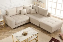 Moderne Wohnlandschaft KENT 220cm champagner beige Vogue Velours Samt Federkern mit Hocker