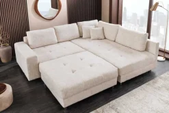 Moderne Wohnlandschaft KENT 220cm champagner beige Strickstoff Ecksofa inkl. Hocker