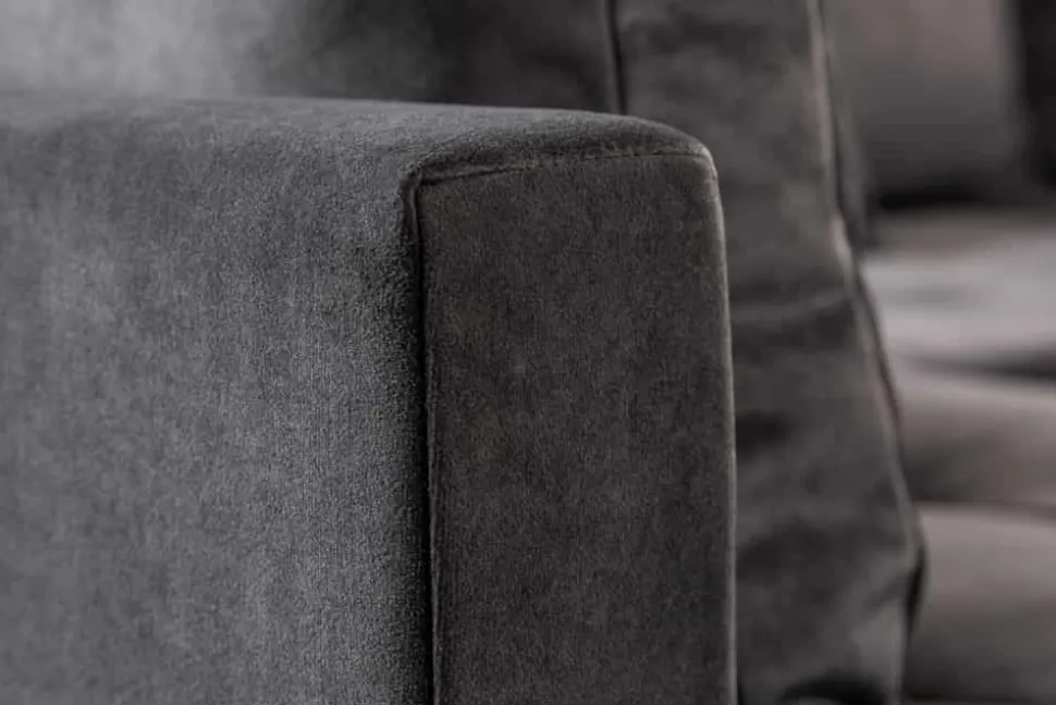 Moderne Wohnlandschaft KENT 220cm grau Samt Ecksofa Federkern inkl. Hocker und Kissen