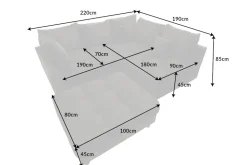Moderne Wohnlandschaft KENT 220cm grau Samt Ecksofa Federkern inkl. Hocker und Kissen
