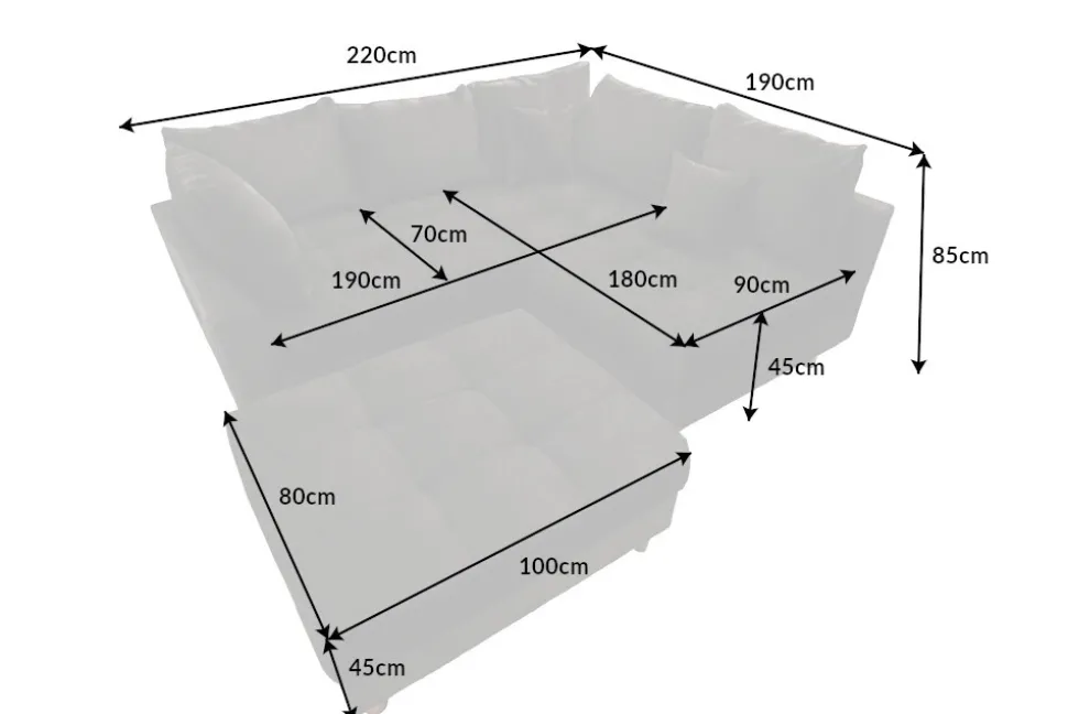 Moderne Wohnlandschaft KENT 220cm grau Samt Ecksofa Federkern inkl. Hocker und Kissen