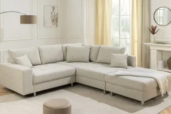 Moderne Wohnlandschaft KENT 220cm beige Strukturstoff Ecksofa Federkern inkl. Hocker