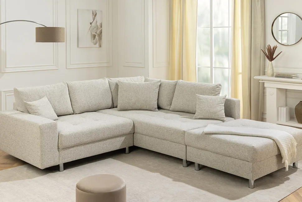 Moderne Wohnlandschaft KENT 220cm beige Strukturstoff Ecksofa Federkern inkl. Hocker