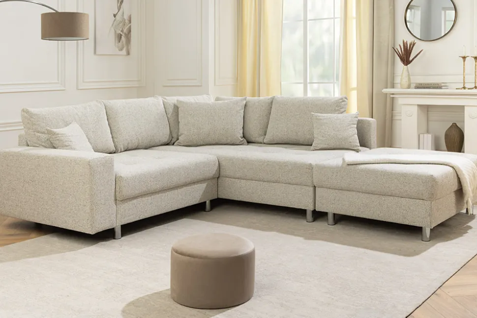 Moderne Wohnlandschaft KENT 220cm beige Strukturstoff Ecksofa Federkern inkl. Hocker