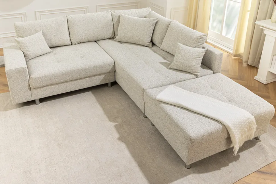 Moderne Wohnlandschaft KENT 220cm beige Strukturstoff Ecksofa Federkern inkl. Hocker