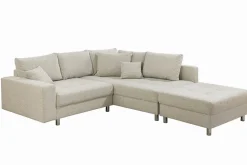 Moderne Wohnlandschaft KENT 220cm beige Strukturstoff Ecksofa Federkern inkl. Hocker