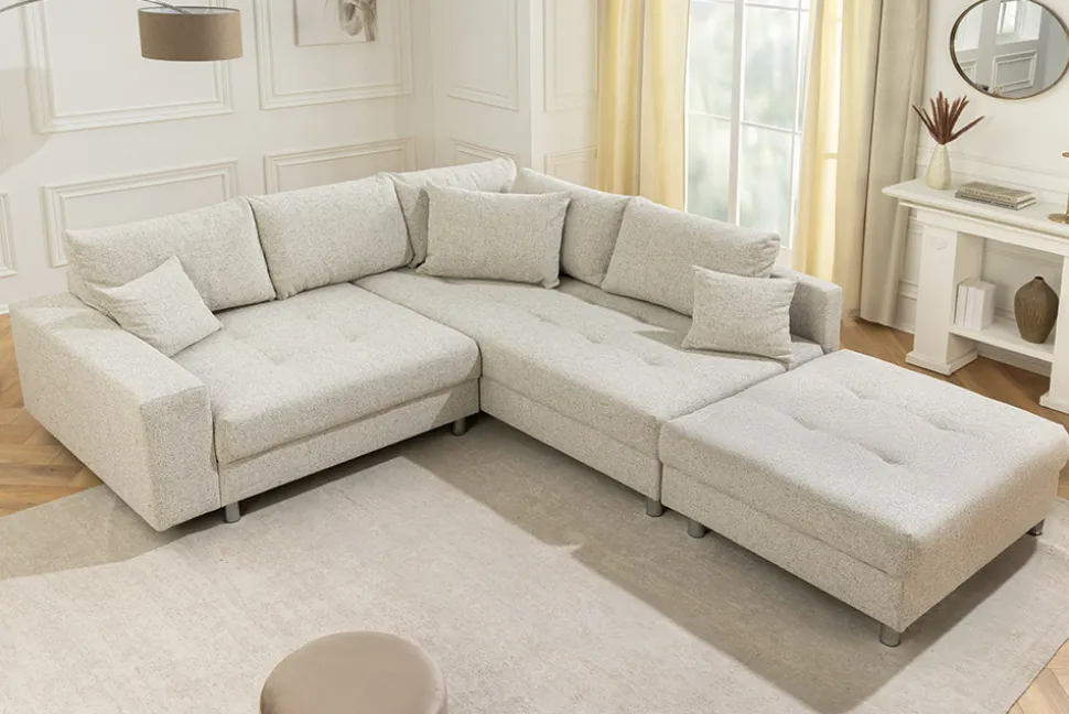 Moderne Wohnlandschaft KENT 220cm beige Strukturstoff Ecksofa Federkern inkl. Hocker