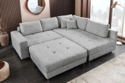 Moderne Wohnlandschaft KENT 220cm grau Strickstoff Ecksofa inkl. Hocker und Kissen