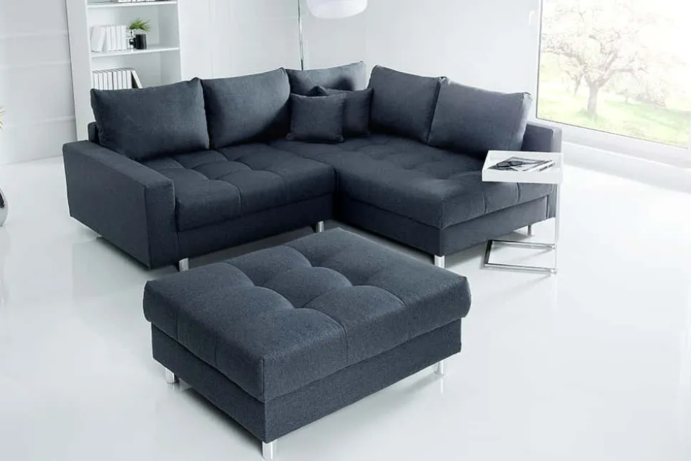Moderne Wohnlandschaft KENT 220cm anthrazit Ecksofa Federkern inkl. Hocker und Kissen