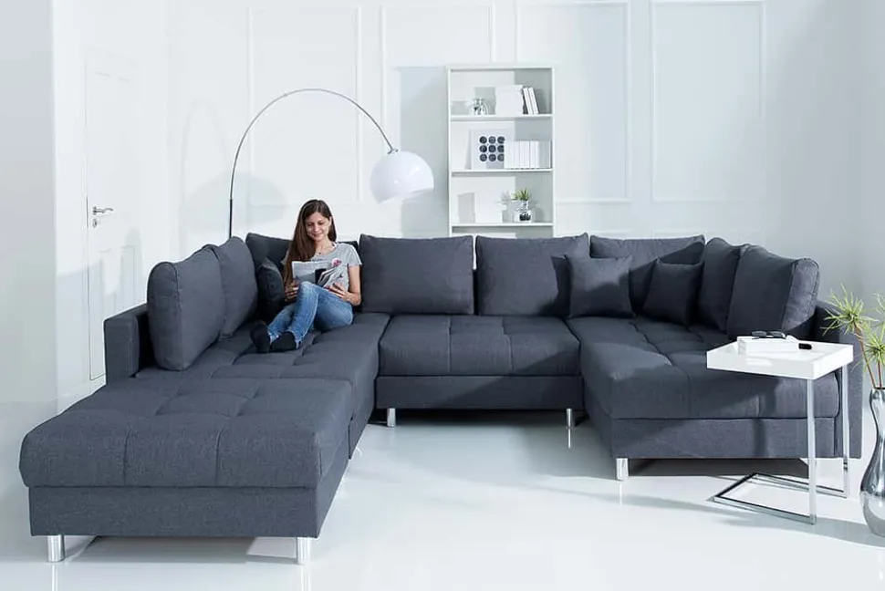 Moderne XXL Wohnlandschaft KENT 305cm anthrazit Federkern Bigsofa inkl. Hocker