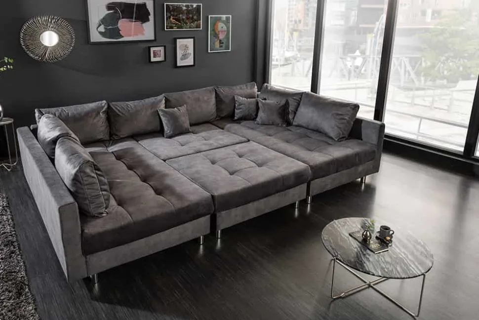 Moderne XXL Wohnlandschaft KENT 305cm grau Samt Bigsofa inkl. Hocker Federkern