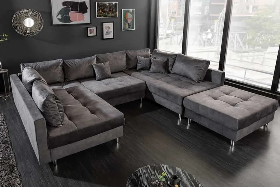 Moderne XXL Wohnlandschaft KENT 305cm grau Samt Bigsofa inkl. Hocker Federkern