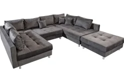 Moderne XXL Wohnlandschaft KENT 305cm grau Samt Bigsofa inkl. Hocker Federkern