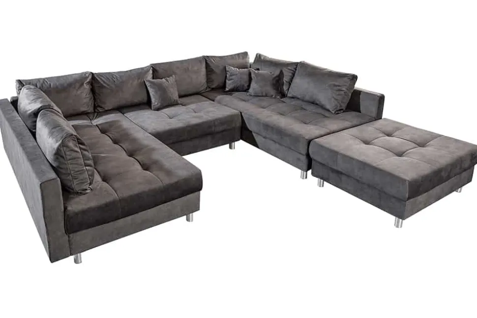 Moderne XXL Wohnlandschaft KENT 305cm grau Samt Bigsofa inkl. Hocker Federkern