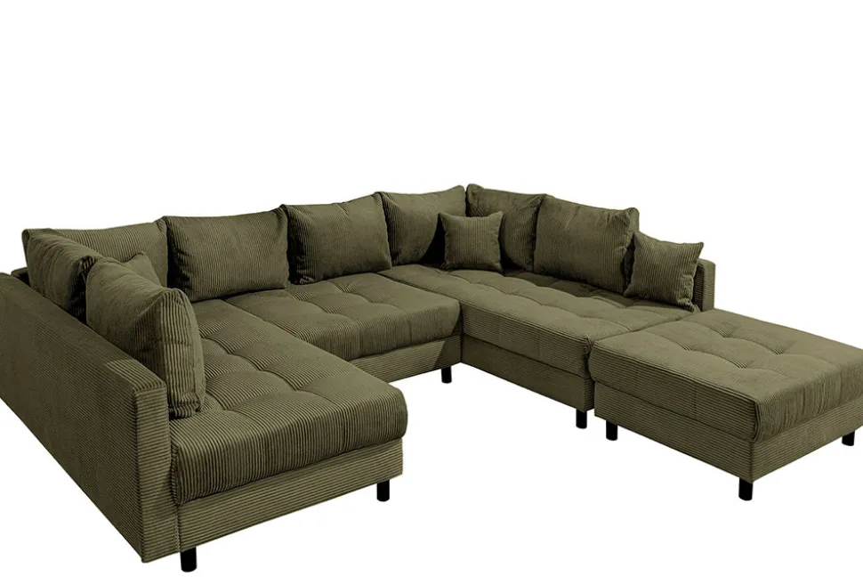 Moderne XXL Wohnlandschaft KENT 305cm grün Cord Bigsofa inkl. Hocker Federkern