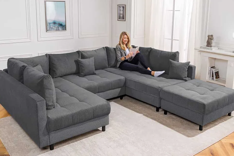 Moderne XXL Wohnlandschaft KENT 305cm anthrazit Cord Bigsofa inkl. Hocker Federkern