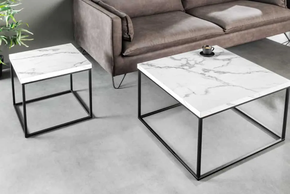 Moderner Beistelltisch ARCHITECTURE 45cm weiß Marmor-Design Metallgestell