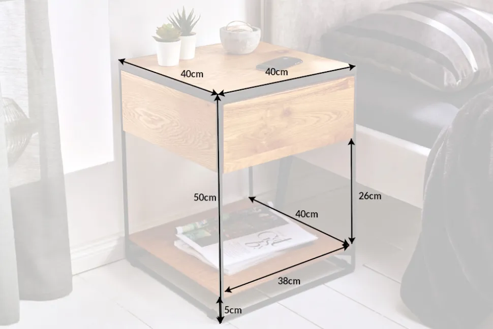 Moderner Beistelltisch SCORPION 50cm Wildeichen-Design Metall Nachttisch mit Schublade