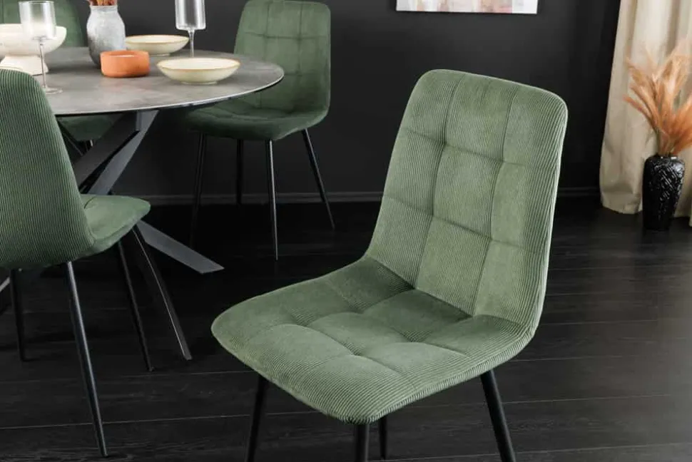Moderner Design Stuhl TRES CHIC grün Cord schwarze Metallbeine Esszimmer