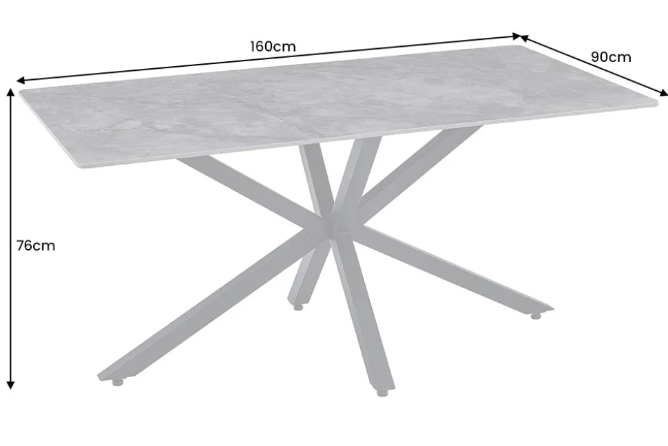 Moderner Esstisch GALAXIE 160cm weiß Keramik Marmor-Design glänzend Metallgestell schwarz