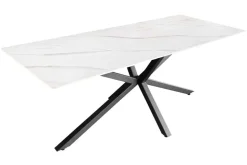 Moderner Esstisch GALAXIE 160cm weiß Keramik Marmor-Design glänzend Metallgestell schwarz