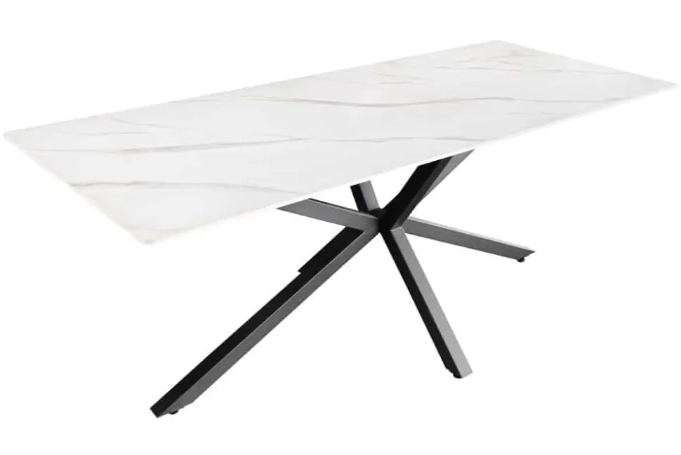 Moderner Esstisch GALAXIE 160cm weiß Keramik Marmor-Design glänzend Metallgestell schwarz
