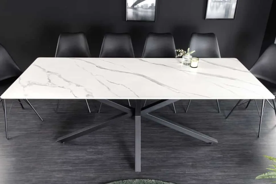Moderner Esstisch GALAXIE 160cm weiß Keramik Marmor-Design glänzend Metallgestell schwarz