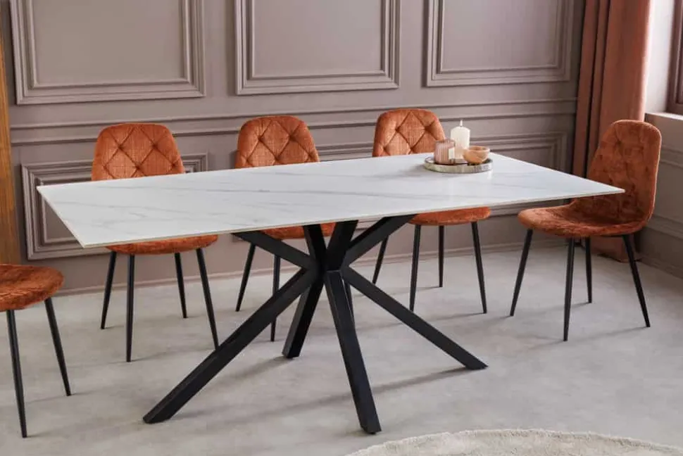 Moderner Esstisch GALAXIE 180cm weiß Keramik schwarz Metall Sterngestell