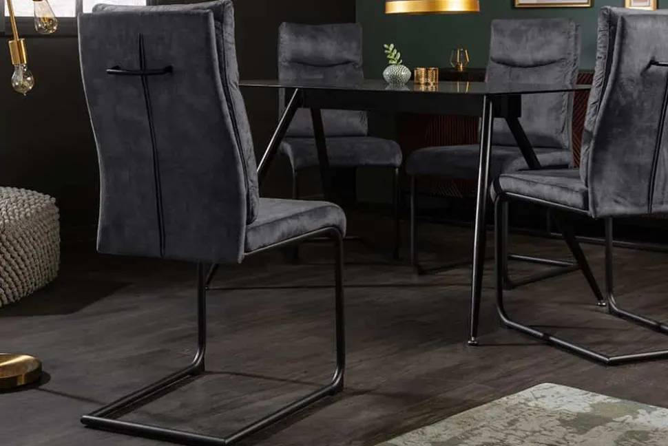 Moderner Freischwinger Stuhl COMFORT grau Samt mit Komfortgriff
