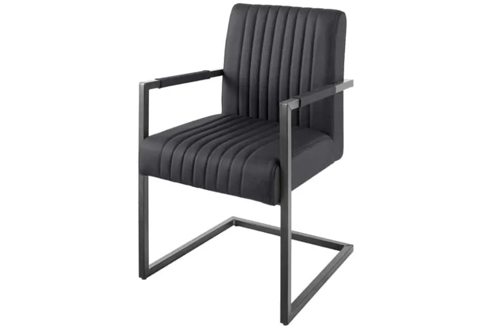 Moderner Freischwinger Stuhl BIG ASTON Echtleder schwarz Taschenfederkern Metall